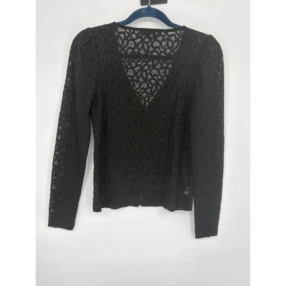LOFT Women's Black Lace Button Down Top With Lapel and puff Sleeve Size Small